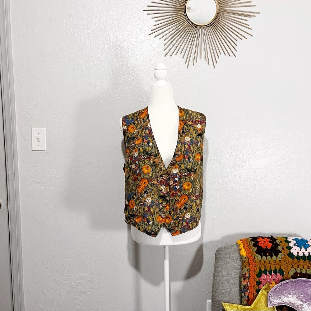 Vintage 90s Y2k Scarecrow Halloween Pumpkin Fall Cottagecore Button Down Vest XL